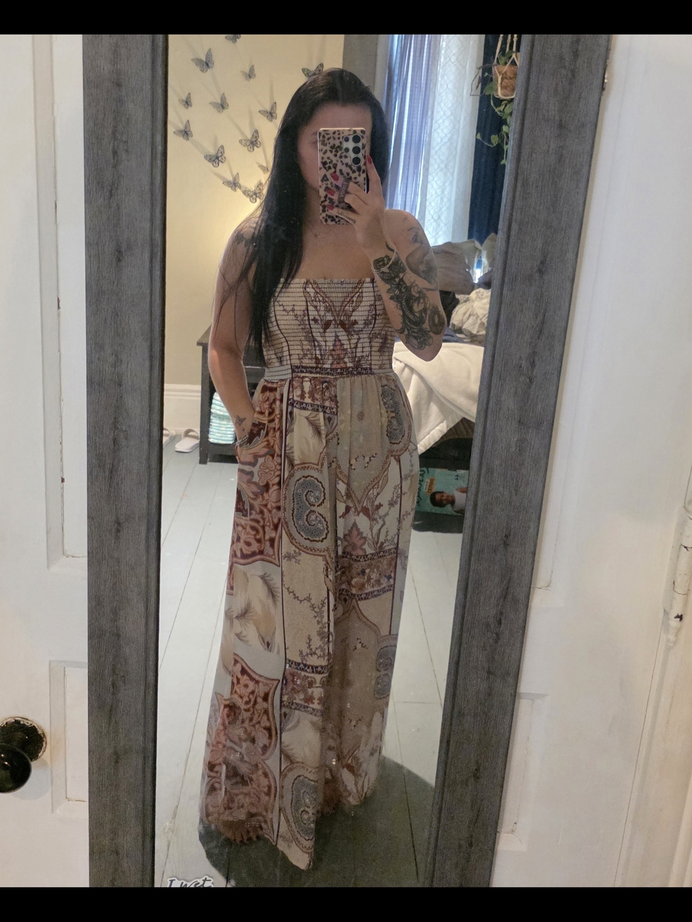 BUCKETLIST Strapless Patchwork Paisley Maxi Dress in Beige and Brown